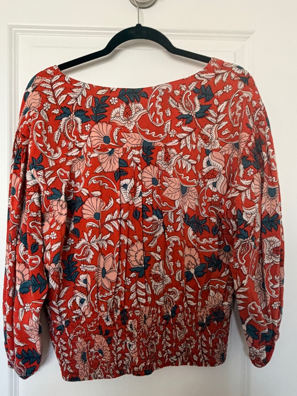 Anthropologie, Floral Print V-Neck Peasant Top, Red, L - Picture 6 of 7